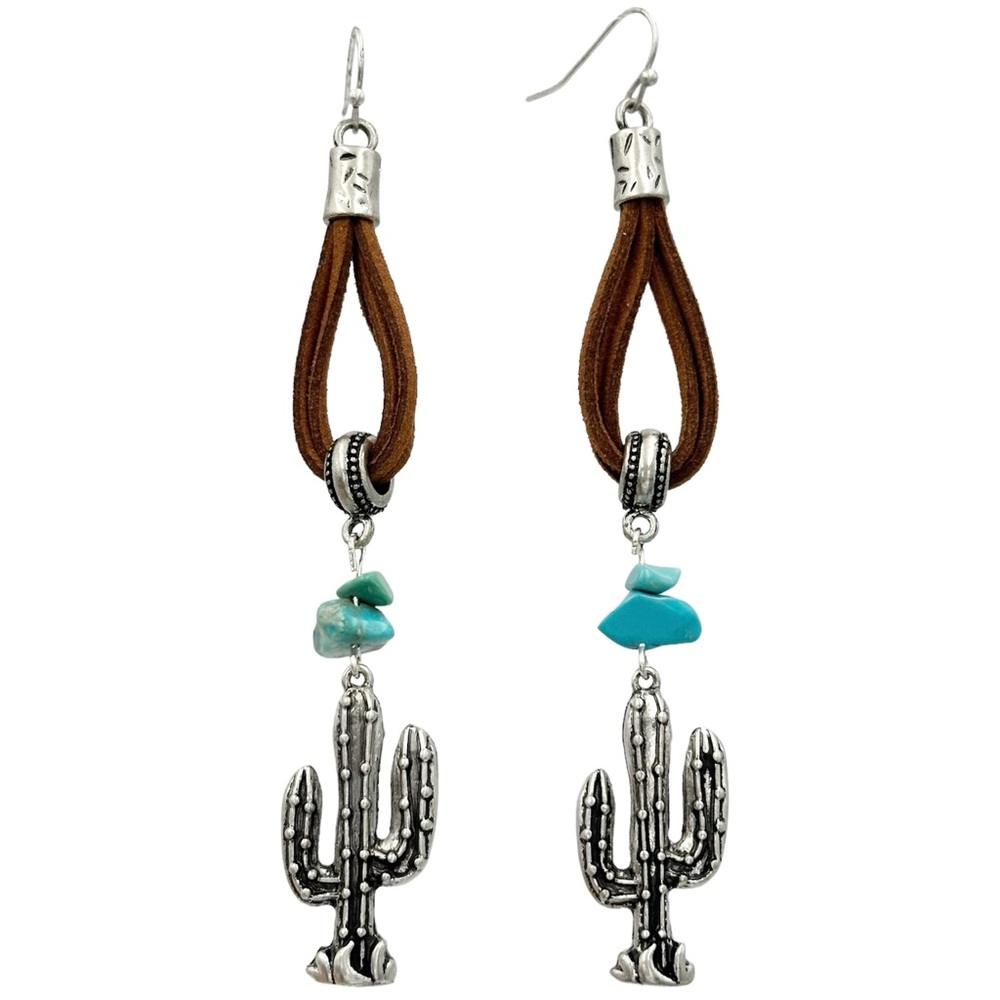 Cactus Charm Faux Suede Long Dangle Earrings